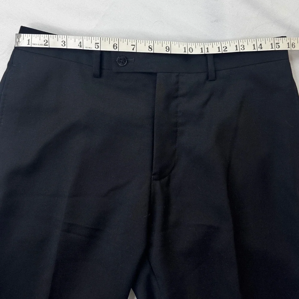 Black 100% Wool Dress Pants Flat Front Trousers 31S Mens Business Formal